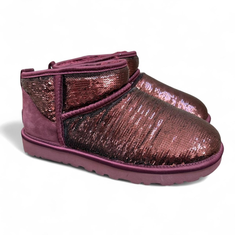 UGG Classic Mirror Ball Ultra Mini Boot in Burgundy Sequins US 8